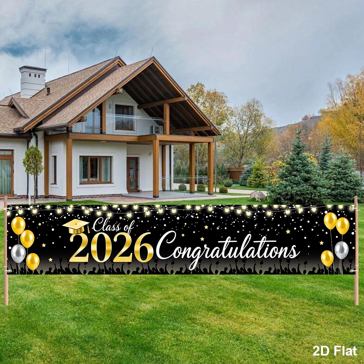 1pc Large Graduation Banner, 200*40cm Class Of 2026 Congrats Grad Yard Sign. Blue White/Black Gold/Black White Gold. 2D flat hanging welcome sign for graduation party, fence, garage, garden, porch, backdrop, home wall & room decor.