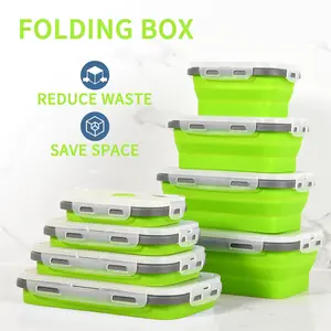 4-piece set of green silicone foldable square food storage containers with lids, microwave, refrigerator, and dishwasher safe