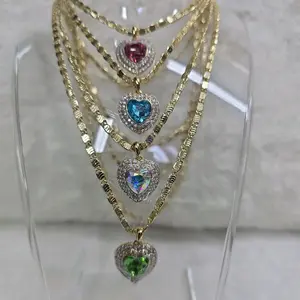 # 0065 Heart Pendant Necklace with Colorful Stones and Gold Chain for Women