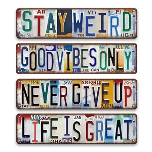 2D Flat, 1pc, Vintage Rustic Farmhouse Design Metal Tin Signs Street Signs Man Cave Bar Cafe Home Wall Decor 16 x 4 Inches Wall Metal Plaque - Stay weird, Never give up, Life is great Inspirational Quotes Wall Signs