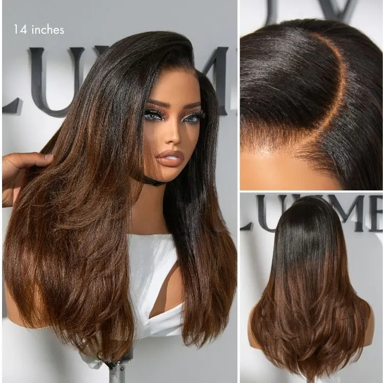 LUVME All-Day Comfort™ Ombre Brown Layered Yaki Straight Glueless Wig 7x6 Closure Pre-Cut HD Lace Human Hair Long Wig