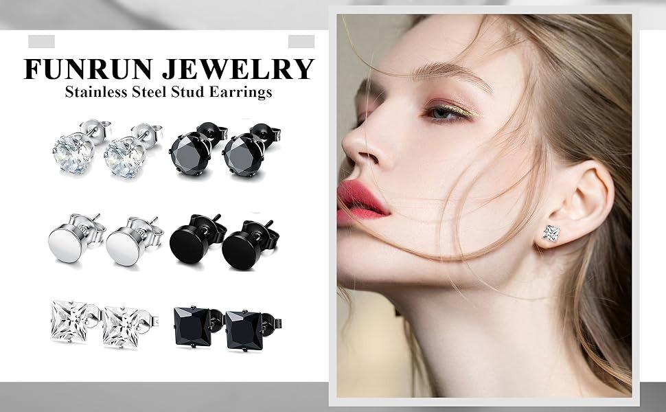 FUNRUN  6 Pairs Stainless Steel Stud Earrings for Men Women CZ Round Earrings Black 3-10MM
