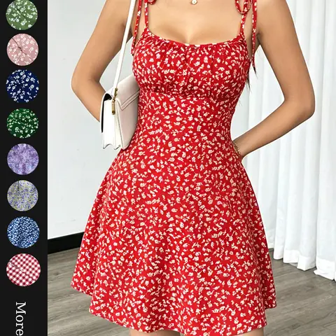 Summer Romantic Vacation Date, Ditsy Floral Tie Waist Slim Fit Casual Short Dress Sleeveless, Perfect for Outdoor Activities, Stylish and Comfortable Design, Summer Dresses