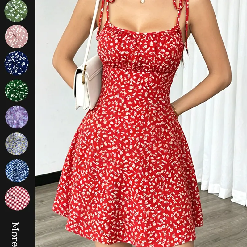 Summer Romantic Vacation Date, Ditsy Floral Tie Waist Slim Fit Casual Short Dress Sleeveless, Perfect for Outdoor Activities, Stylish and Comfortable Design, Summer Dresses