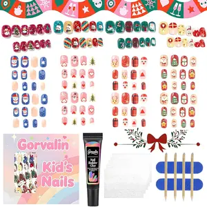 8 Packs Christmas Press-On Fake Nails for Kids - Gorvalin 192pcs Full Cover Christmas Nail Tips Nail Art Designs for Girls Ages 7-12 - Includes Nail Adhesive Tabs & Builder Glue