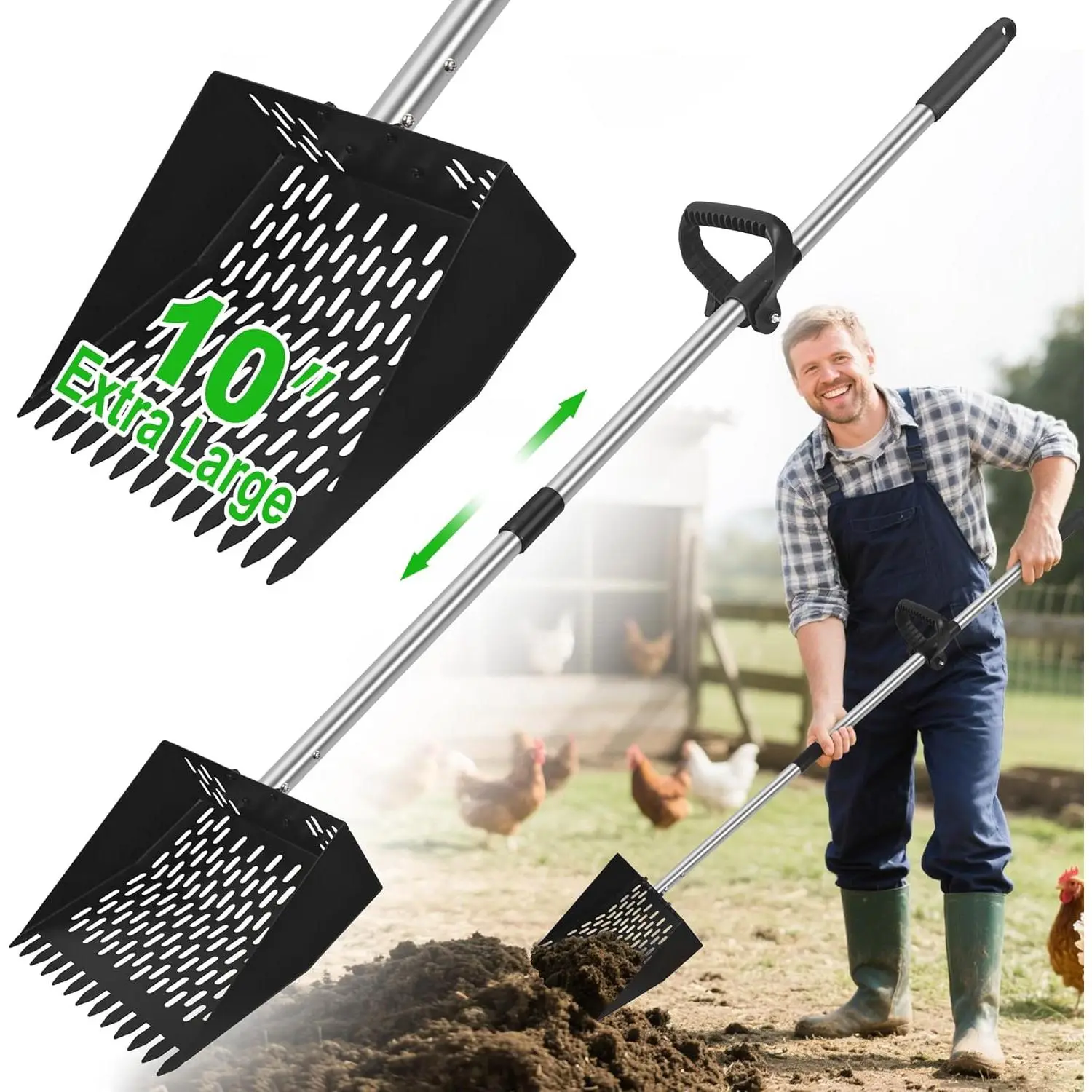 2-in-1 Chicken Poop Scooper & Rake - Adjustable Chicken Coop Scoop with Handle(39,53,67 in),Stainless Steel Shovel Head- Litter Scooper Sand & Sifting Shovel  Chicken Coops