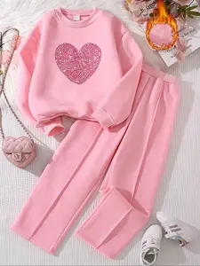 Girls' Heart Print Sweatshirt & Fleece Pants Set, Girl Clothes School, Casual Fall Winter, Comfortable Woven Fabric, Elastic Waist, 2 Piece Set