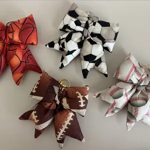Sport Themed Puffy Bow Keychains - Assorted Designs Including Soccer Football Basketball and Baseball Patterns
