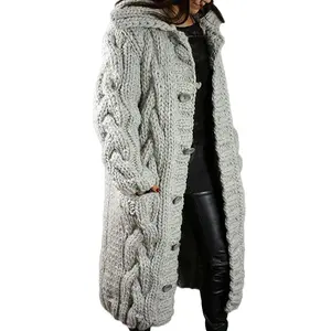 Women's Chunky Knit Cardigan Coat Hooded with Large Buttons Pockets Super Warm Winter Essential Cold Weather Must Have Winter Outings Daily Wear Trendy US Fashion Cable Knit Comfortable Cozy Outerwear