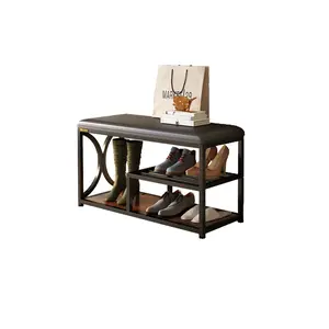 Upholstered Shoe Bench with Storage, 2-Tier Industrial Shoe Rack Organizer with Cushioned Seat, Entryway Storage Bench for Hallway, Living Room, Small Space