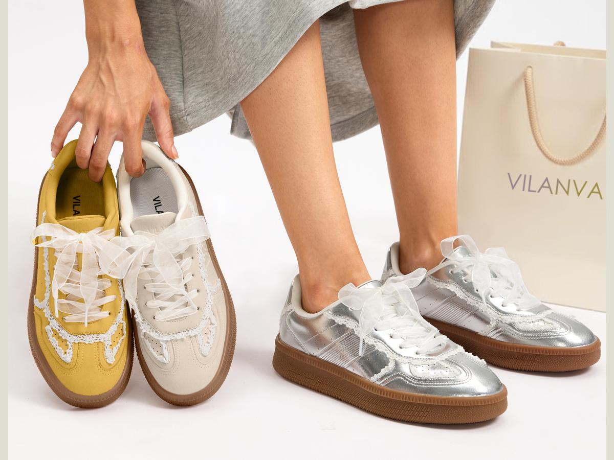 Vilanva Women's Lace Detail Fashion Sneakers Comfortable Casual Dress Sneakers with Retro Gum Sole Walking Trendy Footwear