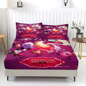 3-Piece Hazbin Hotel Pattern Bed Set with 1 Fitted Sheet and 2 Pillowcases, Comfortable Anti-Slip Bedding for Bedroom & Guestroom, Perfect Gift Choice, Bedsheet, Bed Sheets Set