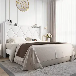 Velvet Full/Queen/King Size Upholstered Bed Frame With Wingback Storage Headboard & Charging Station, Platform Bed With Diamond Tufted Design & Gold Trim, No Box Spring Needed, Easy Assembly, Grey