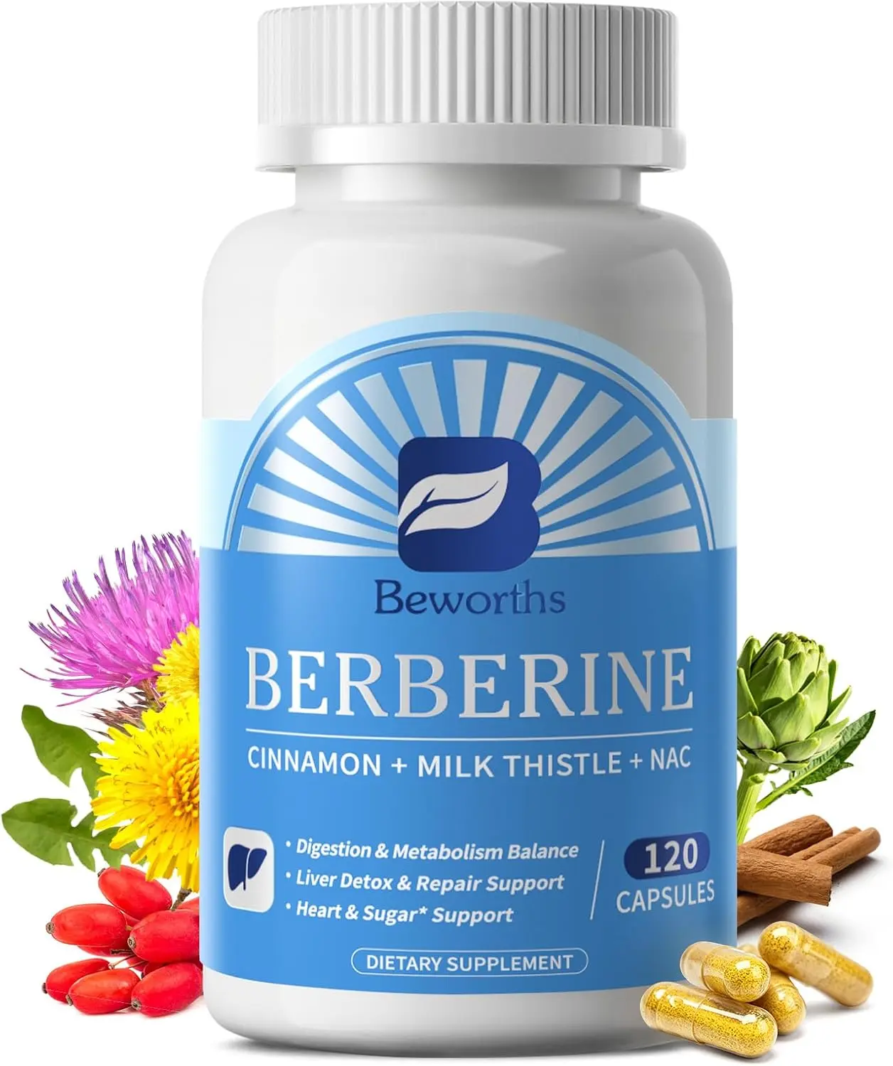 Berberine HCL Supplement with Ceylon Cinnamon Metabolism Support | Liposomal Berberine HCl 500mg Complex with NAC, Milk Thistle, Choline for Cholesterol, Liver & Digestion Health, 120 Capsules