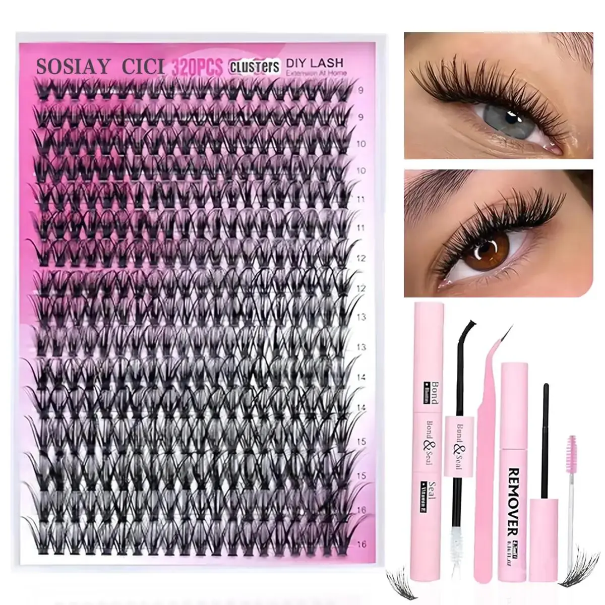 Flawless Ultra-Dense 80D-100D C Curl Cluster Eyelashes Kit with Hypoallergenic Gentle Adhesive & Remover, 320 10-18mm False Lashes for Long-Lasting Eyelash Extensions, Daily Makeup (Natural Spring Glow Up Look)