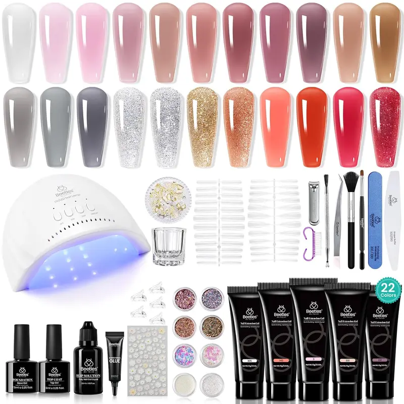 Beetles Poly Extension Gel Nail Kit With UV Lamp All In One Poly Nail Gel Starter Kit Nail Art Kit With Base Top Coat Manicure Salon Gift for Women Girls 22 Colors Dazzling Night