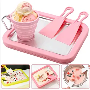4 Piece Spiral Ice Cream Maker Set, Home Use with Instant Freezing Tray, 2 Scrapers, Silicone Cup, DIY Ice Cream Tray, Stainless Steel Dessert Machine, Kitchen Gadgets