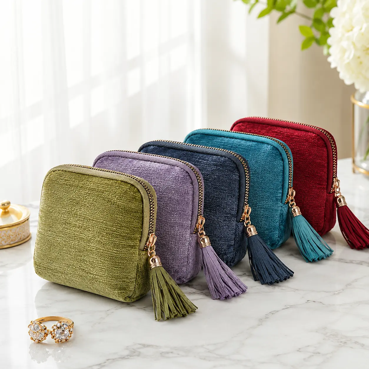 jewelry zippered pocket case Travel Jewelry Bag Portable Organizer with 5 Compartments Velvet Satin Lining Tassel Zipper for Rings Bracelets Necklaces Tassel Bag Boxes