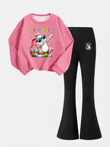 Girls' Easter Bunny Egg Print Matching Hoodie and Pants Set, Casual Style Fitted Long Sleeve, Spring Summer Fashion, Two-Piece Gift, Clothes