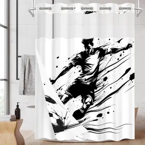 1 Pack No Hook Double Layer Shower Curtain, Ink Style Soccer Player Print Bath Curtain, Waterproof, Mildew Resistant, Durable Fabric, Sports Home Decor, Removable Liner, Top See-Through Window, Partition Curtain 71"×74"