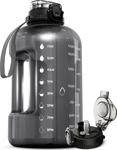 Half Gallon Water Bottle with Time Marker - Straw & Chug Lid -  Gym Water Bottle with Straw - Big Gallon Jug (Gray, 64 oz - 2in1 Lid)