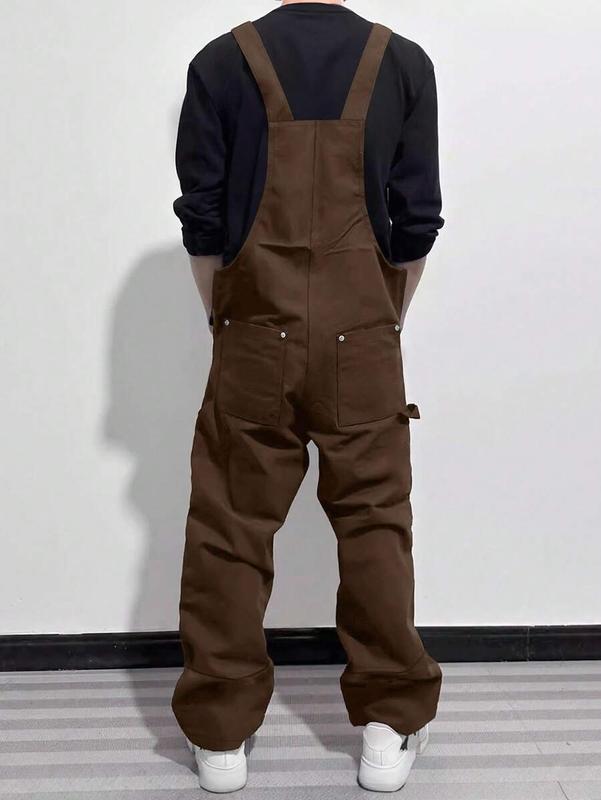 Manfinity Hypemode Men's Coffee Brown Bib Overalls with Patch Design Oversized Fit Casual Fashion Shortsleeve Straps Regular Fit Menswear Plain Fabric Cropped Natural