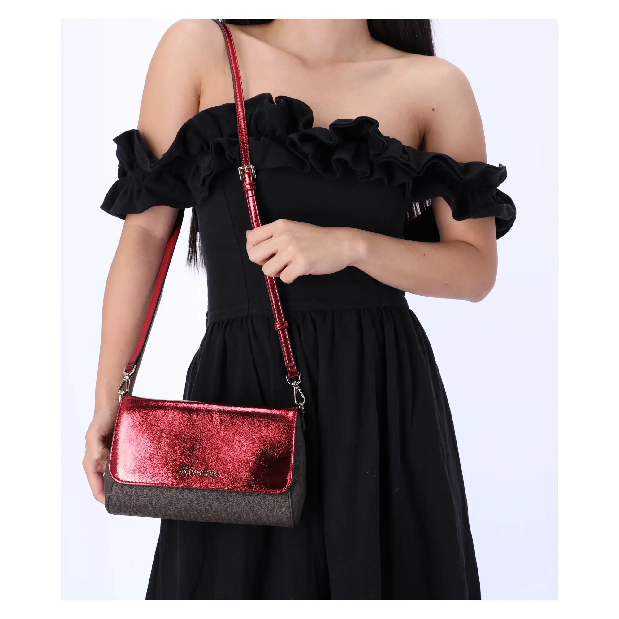 Pre-owned MICHAEL KORS PVC Crossbody Bags Jet Set Medium Convertible Pouchette Crossbody Brown Red Metallic