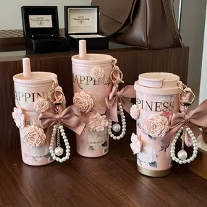 Camellia ceramic inner liner insulated cup, women's coffee travel cup, portable straw water cup, high aesthetic new model
