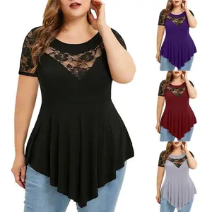 New Women's Plus Size Floral Lace Short Sleeve Irregular Hem Sheer Round Neck Top Shirts Black Womenswear Blouse Basic Minimalist Grey Shortsleeve