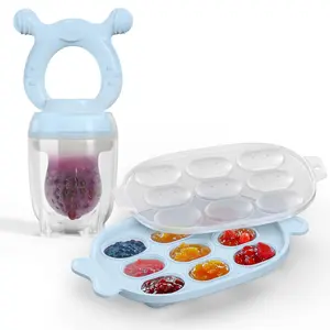 Silicone Baby Fruit Feeder with Freezer Nibble Tray Combo, Baby Teethers, Breastmilk Popsicle Molds  Teething Relief, BPA Free Fresh Food Feeder  Safe Infant Self Feeding (Sky Blue)