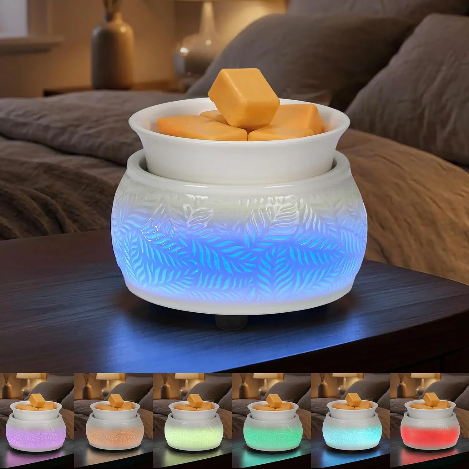 3-in-1 Corded Plug-in Ceramic Leaf Design Wax Melting Warmer - Electric Aroma Diffuser, 7-Color LED Light, Modern Home Scented Freshener for Work/Holiday, Decorative Home Fragrance Gift Idea