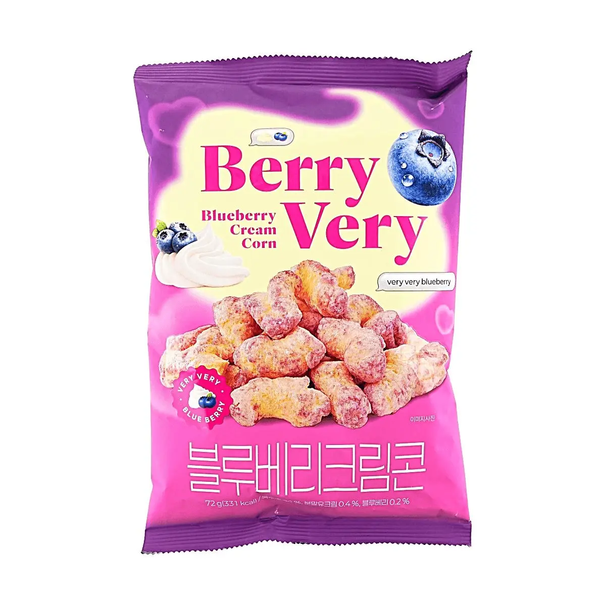 Berry Very Korean Blueberry Cream Flavored Puffed Corn Snacks 72g - Crispy & Delicious Snack for Kids & Adults