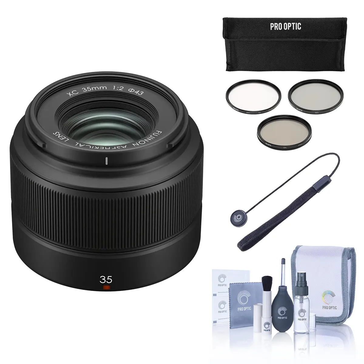 Fujifilm XC 35mm f/2 Compact Camera Lens Bundle with 43mm Essentials Filter Kit and Lens Cap Tether, Prime, High Image Quality