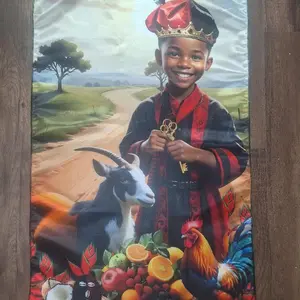 Elegua Panel of Trono Elegua Throne Panel 21 x 35 with Boy in Royal Attire and Animal Friends Design