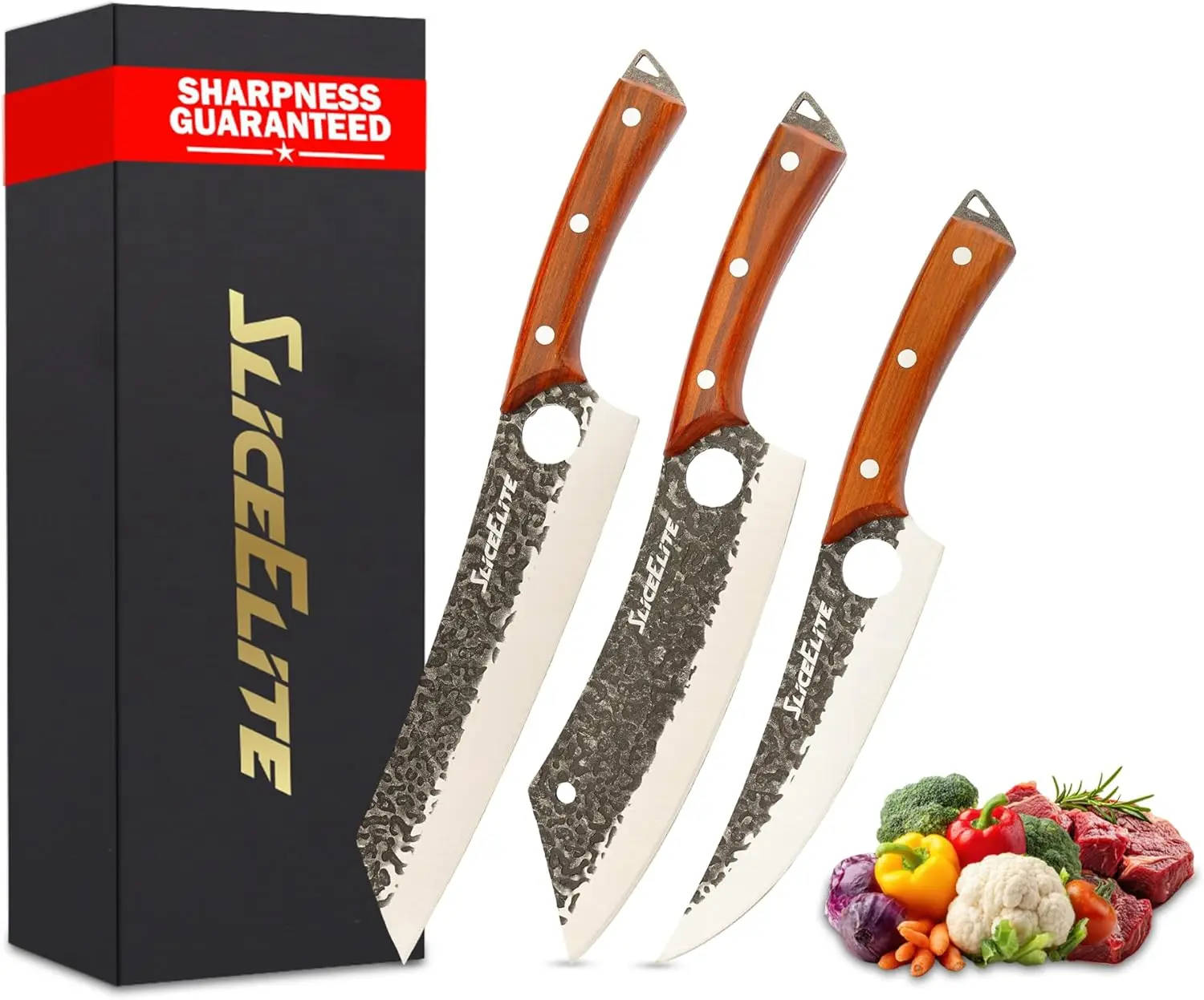 SliceElite Heritage Forge 3 Piece Prep Knife Set Boning Knife Scimitar Kiritsuke Knife Carving Slicing Brisket Meat Prep High Carbon Stainless Steel Full Tang Sandalwood Handle BBQ Cooking Gift