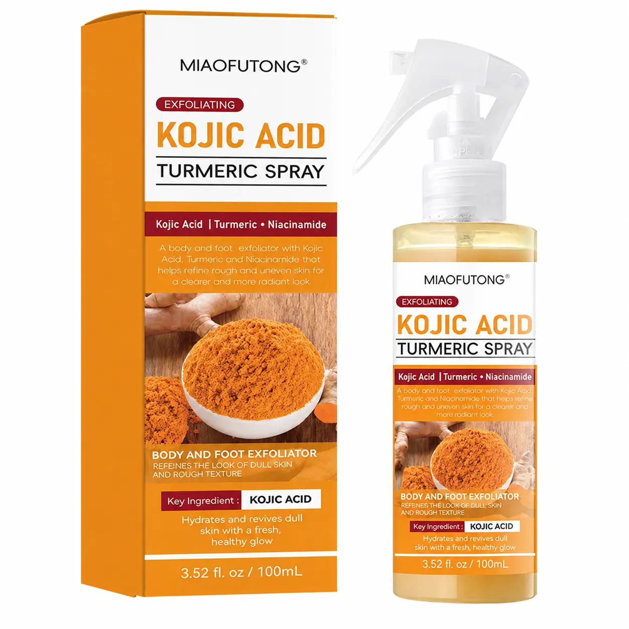 Kojic Acid Turmeric Exfoliating Spray 100ml - Body & Foot Keratin Care with Niacinamide & Hyaluronic Acid for Pore Clearing & Skin Smoothing Formula