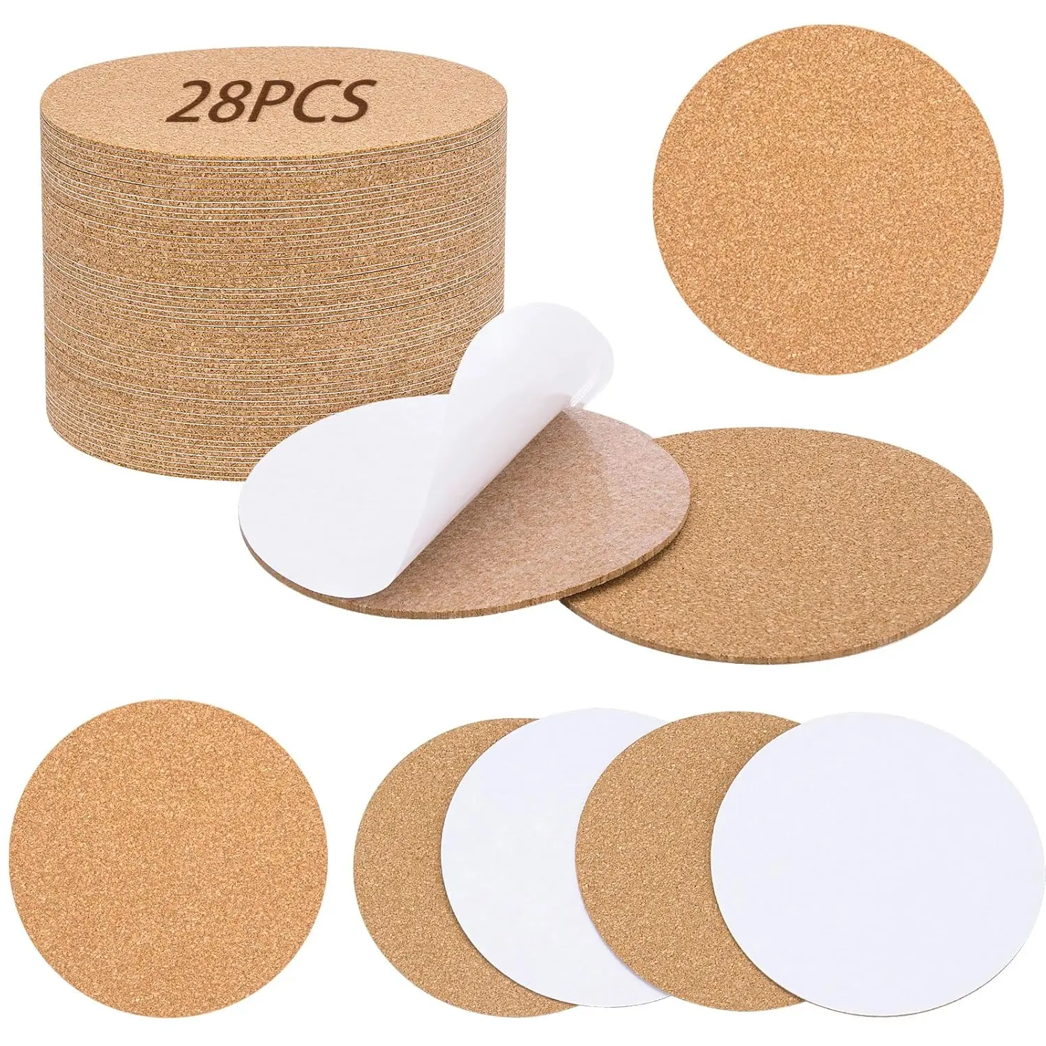28PCS Self-Adhesive Cork for DIY Coasters (Thickness: 2MM) | 3.74" Round Coasters for DIY Crafts, Drinks and Home Tabletop Decoration, with Strong Adhesive-Backed
