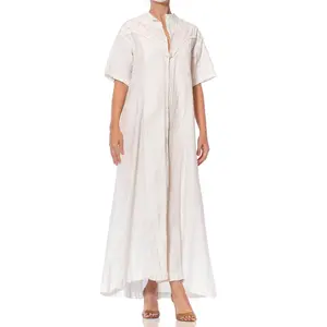 Victorian Off White Hand Embroidered Organic Linen Short Sleeve Nightgown Duster Dress