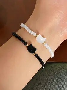 2pcs Fashionable Crystal Multi-Color Cat Head Beaded Bracelet, Matching Couple Gifts, Suitable For Daily Outfits And Parties