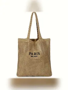 Handmade Hollow Out Beach Bag, Letter Pattern Mesh Pouch, Perfect Gift for Birthdays, Valentine's Day, Mother's Day, Christmas, Back-To-School, Carnival, Thanksgiving, Ramadan
