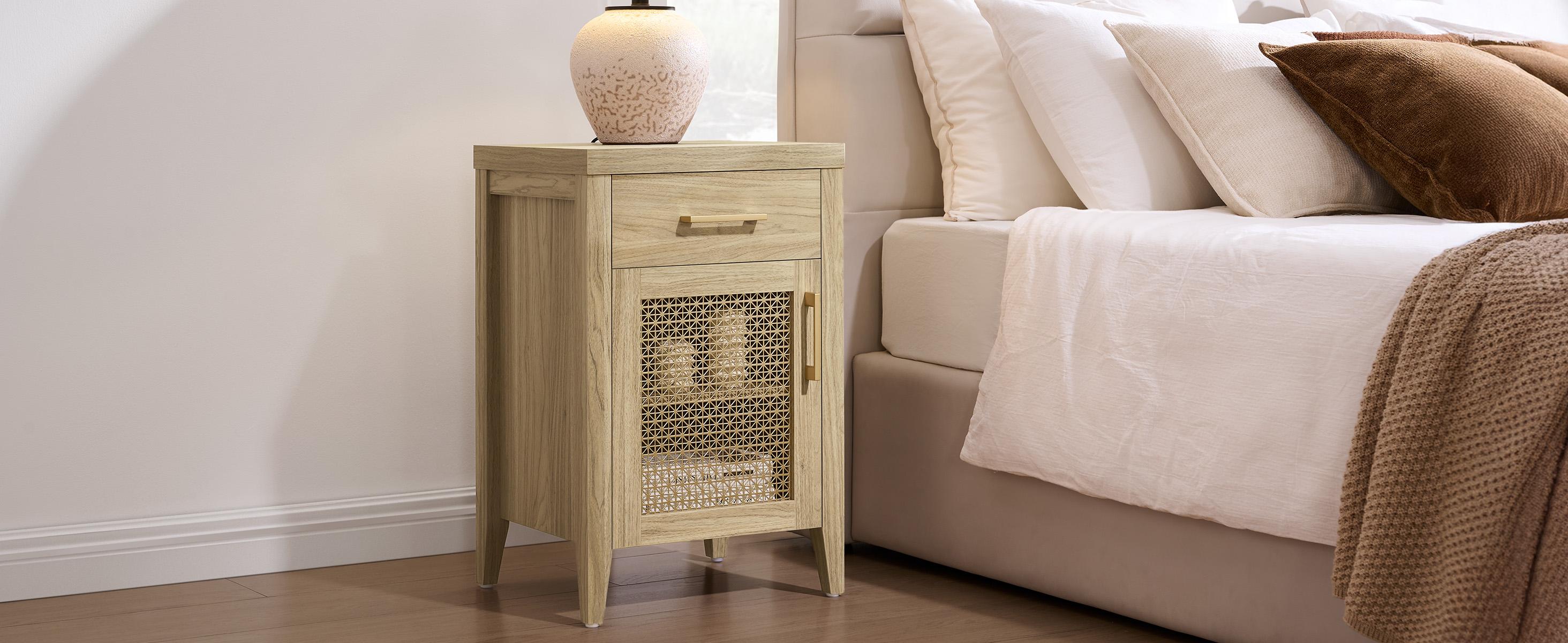 SICOTAS Tall Nightstands Set of 2 with Drawer, Mid Century Modern Wood Night Stand Rustic Bedside Tables with Storage, Vintage End Tables with Metal Mesh Door for Bedroom, Brown Oak