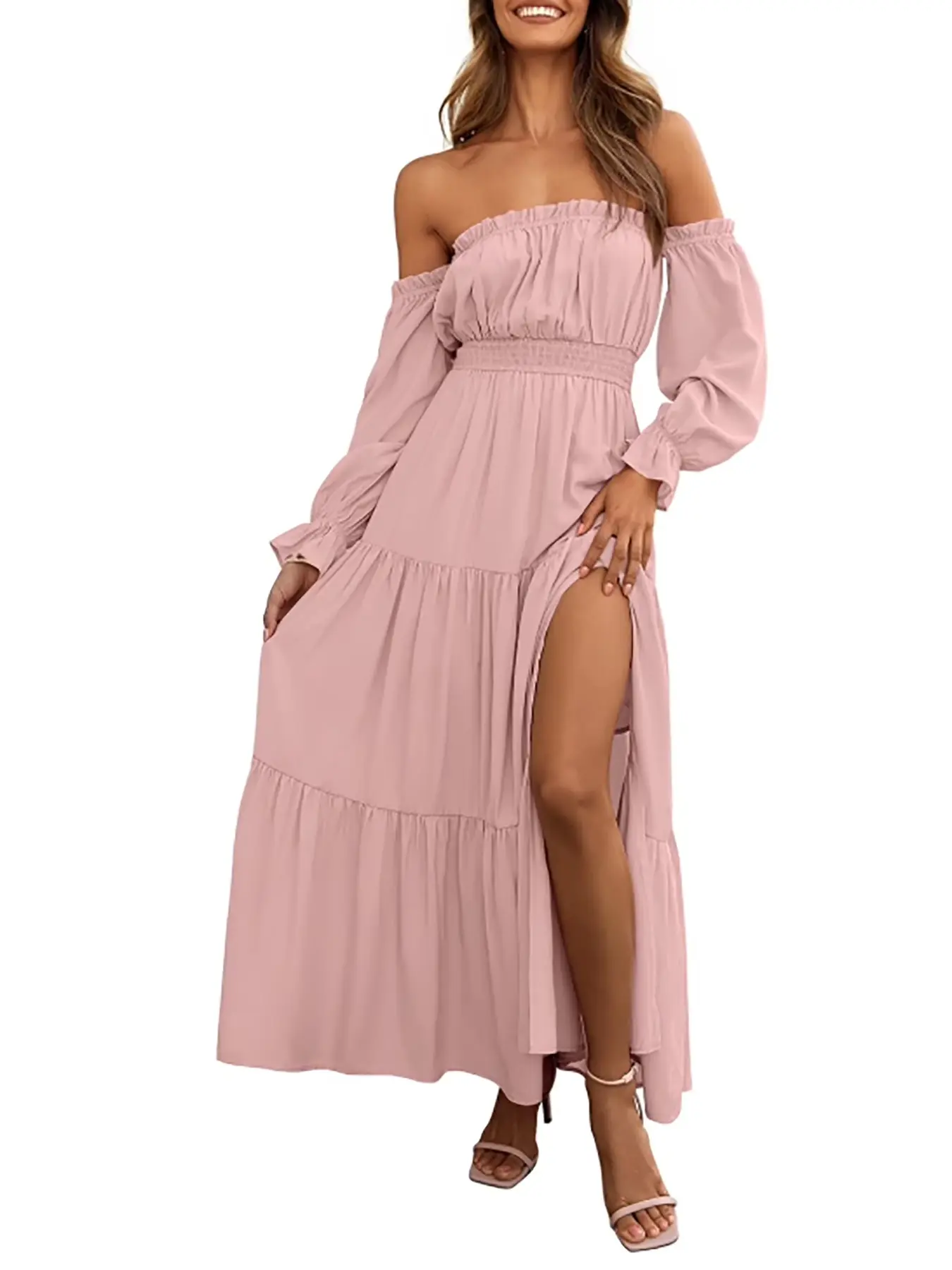 Women's Boho Off-Shoulder Long Sleeve Smocked High-Waist Side-Split Flowy A-Line Tiered Maxi Dress, Casual Wear, Elegant, Stylish & Chic Design