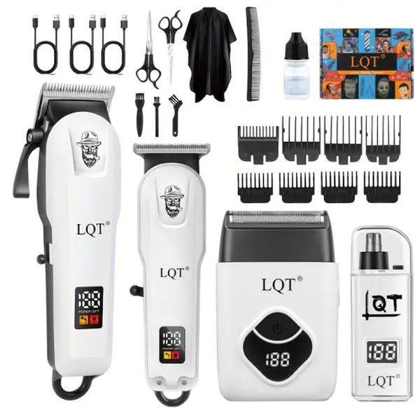 Complete Salon Hair Cutting Kit for Men 4 in 1 Cordless Hair Clipper Trimmer Shaver Nose Trimmer Set, LED Display USB Rechargeable Grooming Kit Perfect Gift for Barbers & Family Use