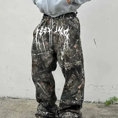 Men's Y2K Camo Pants Set, Trouser, Menswear, Vintage Branch Print, High Street Loose Fit, Camouflage, Casual Summer Streetwear, Cool and Practical, Clothes, Clothing