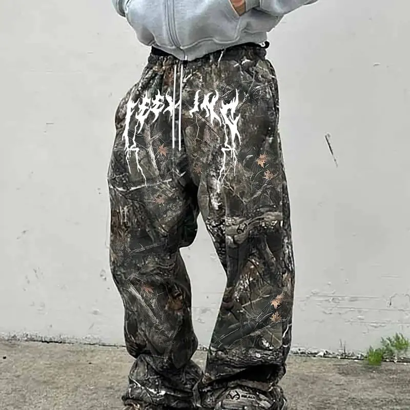 Men's Y2K Camo Pants Set, Trouser, Menswear, Vintage Branch Print, High Street Loose Fit, Camouflage, Casual Summer Streetwear, Cool and Practical, Clothes, Clothing