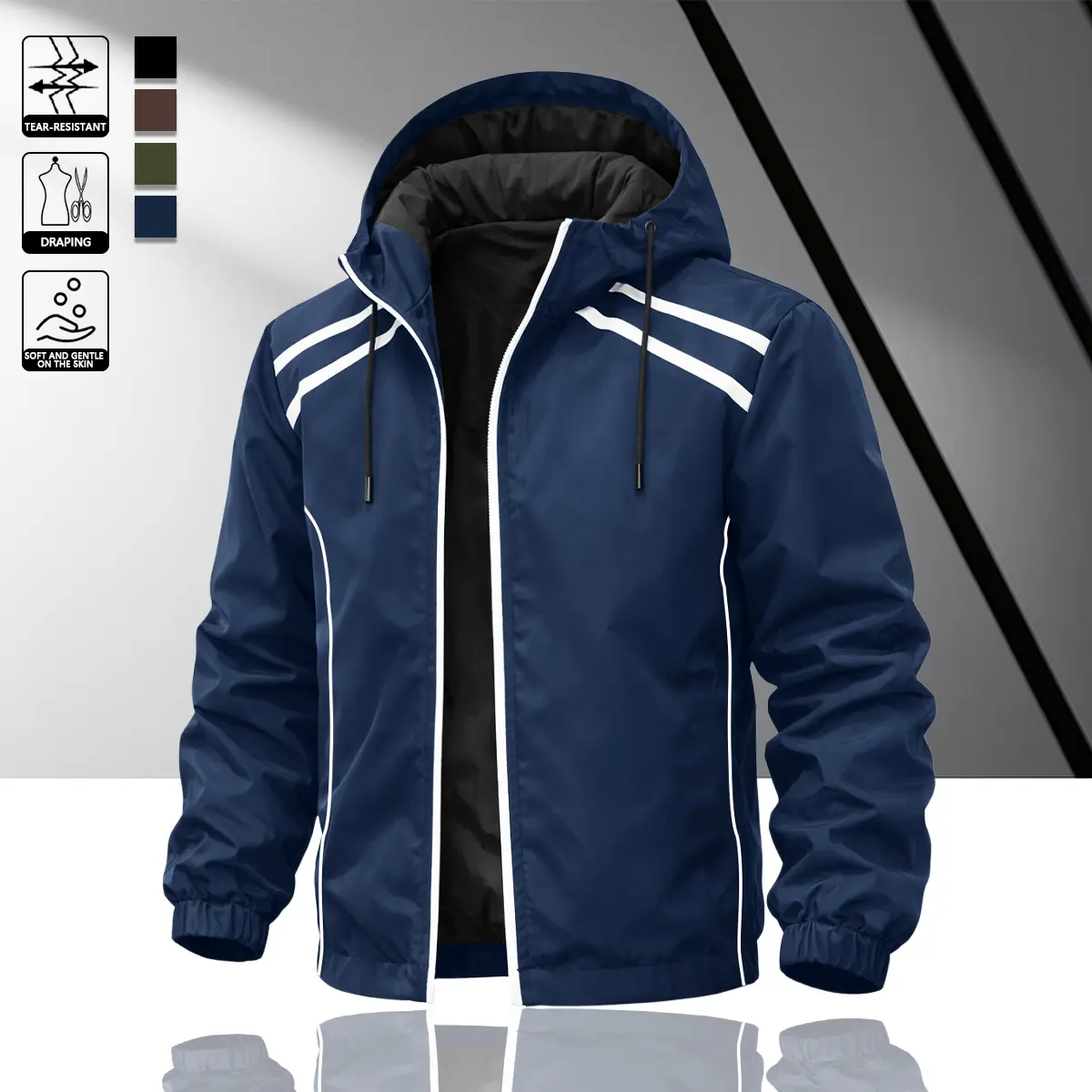Men's Casual Hooded Jacket Striped Design Windproof Wear Resistant Fabric Zipper Pocket for Daily Leisure Outdoor Sports Campus Life Spring Summer Wear Coats Personalized