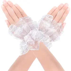 White Lace Wrist Cuffs for Women Girls, Lolita Style Ruffle Bracelet Sleeves, Elastic Lace Hand Accessories for Halloween, Wedding,  Party, Masquerade, Nightclub, , or Stage Performance