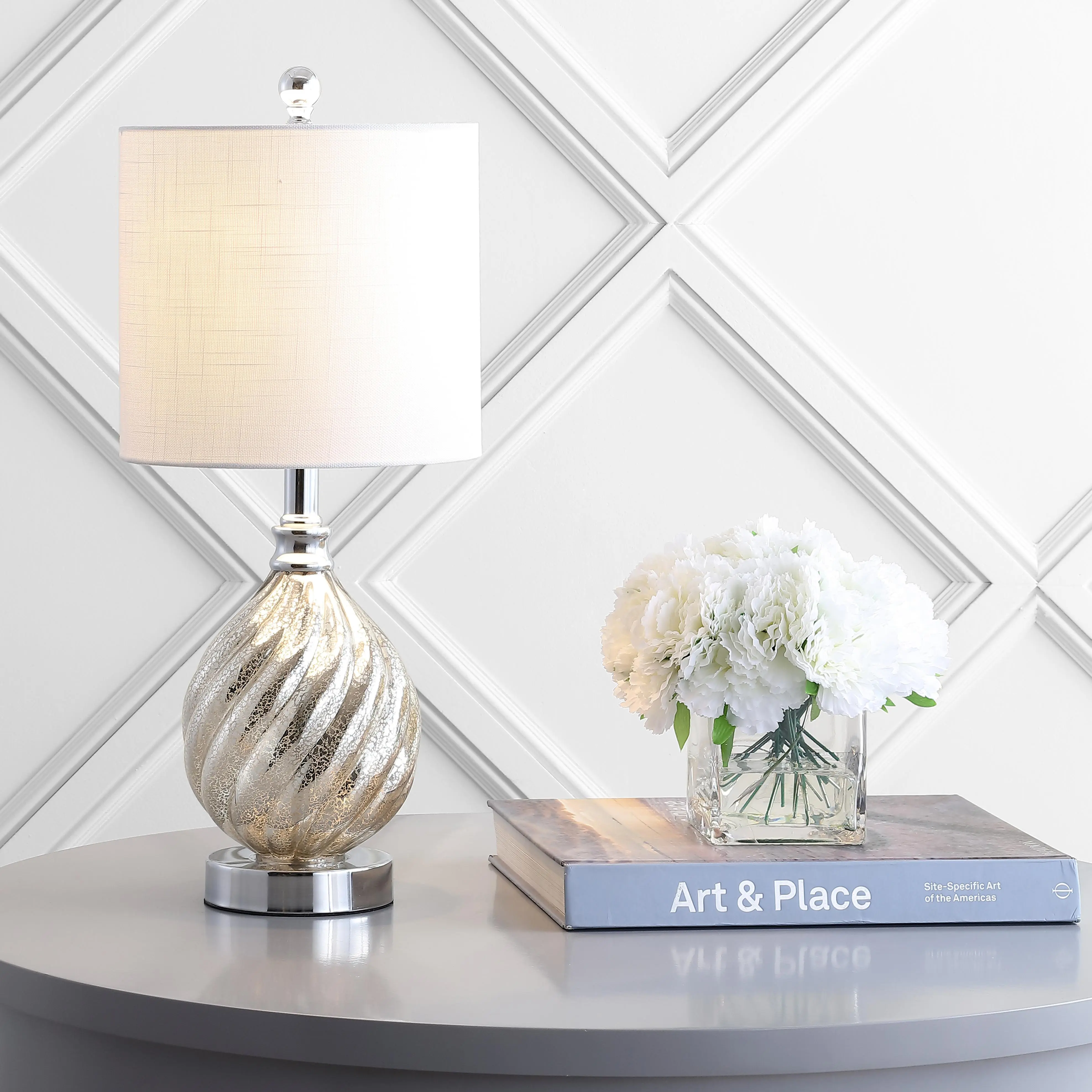 JONATHAN Y Lawrence Textured Table Lamp 20.5" Glass Metal, Mercury Silver | White Linen Drum Shade, Transitional Glam Style, Chrome Accents, Rotary Switch, LED Bulb Included