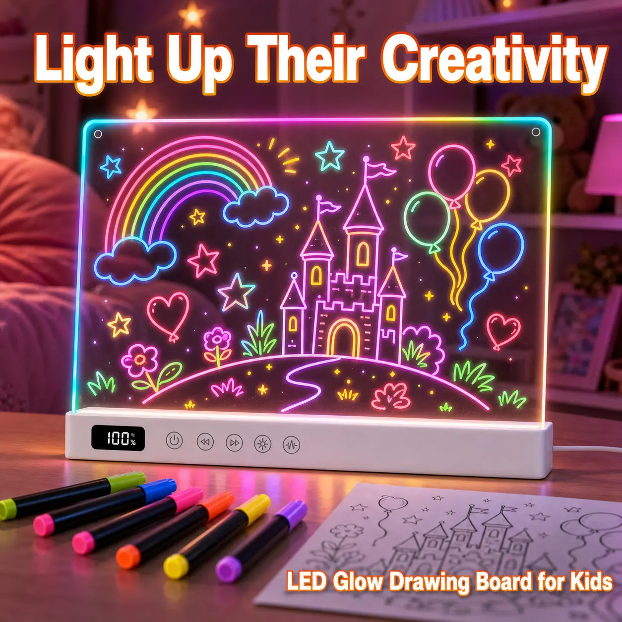 【US】Lumiboard LED Glow Drawing Board with 13 Light Effects, Reusable Acrylic Dry Erase Board with Glow Markers, Cool Gifts for Kids Birthday