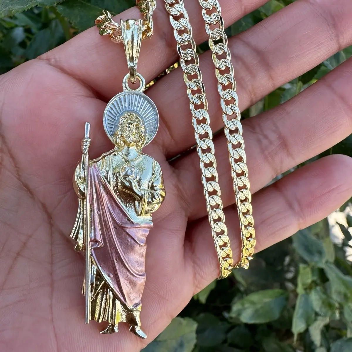 Tricolor St Jude Cuban Necklace with Elegant Design, Gold Chain, and Central Pendant